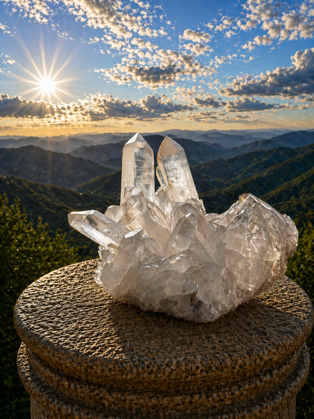 Clear quartz point cluster from Practical Magic Store, showing multiple translucent quartz points arranged together.