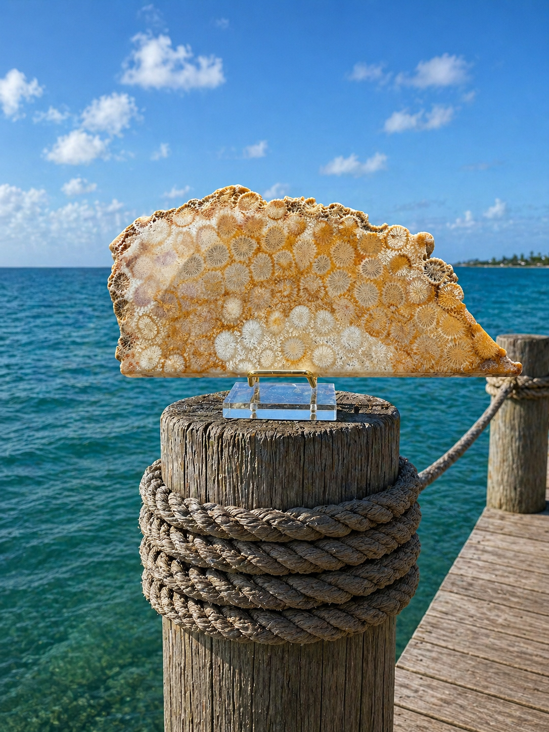 Fossilized coral slabs with intricate natural textures and patterns, showcasing rich coral colors and fossil details.