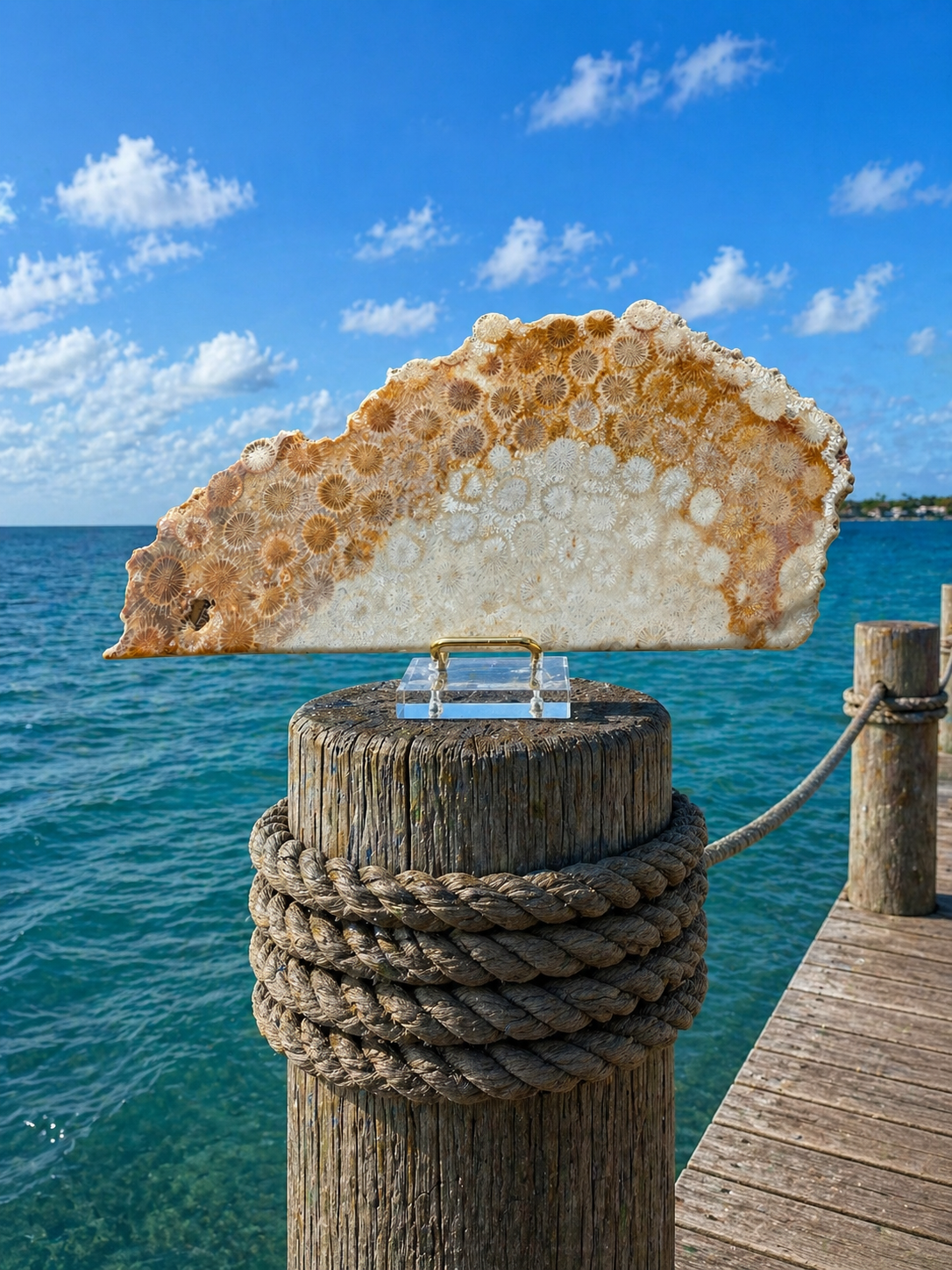 Fossilized coral slab with intricate natural patterns and warm earthy tones, ideal for jewelry or decorative use.