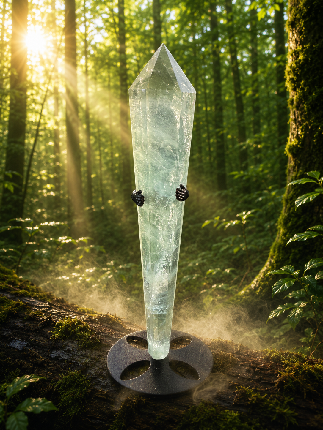 Rainbow fluorite wand with vibrant color bands, polished crystal point, and smooth surface, used for healing and energy work.