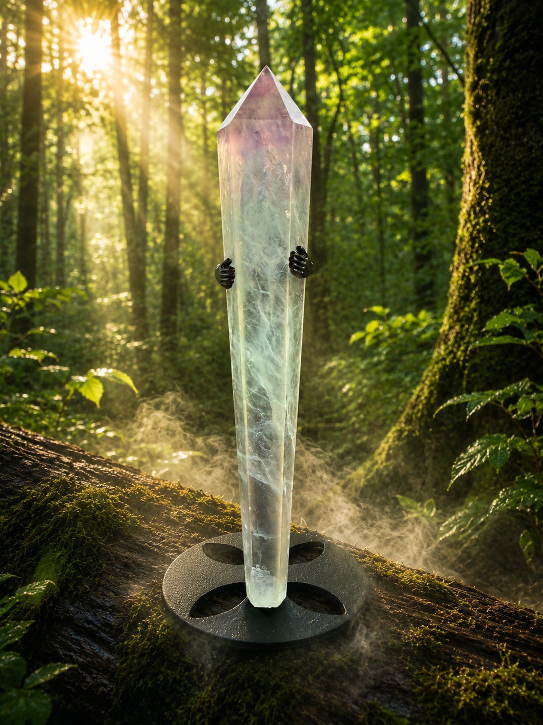 Rainbow fluorite wand from 1 Practical Magic Store showing vibrant multicolored crystal with smooth, polished surface and pointed tip.