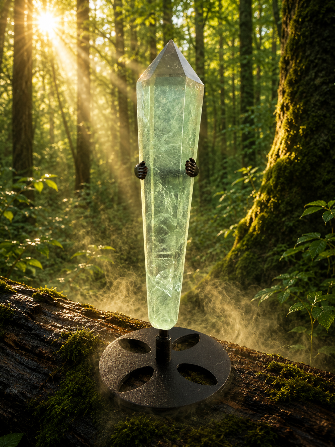 Colorful rainbow fluorite wand with smooth, polished surface, showcasing vibrant bands of purple, green, and blue hues.