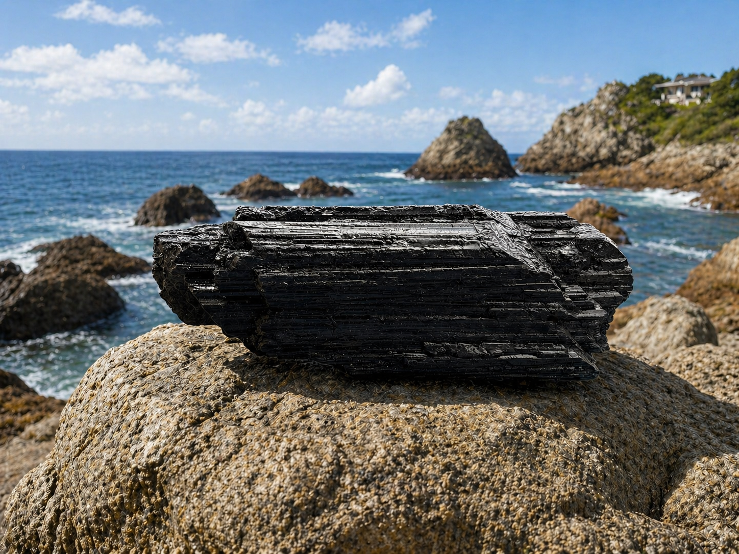 Raw black tourmaline crystal from 1 Practical Magic Store, showcasing its rough, natural black mineral with textured surface.