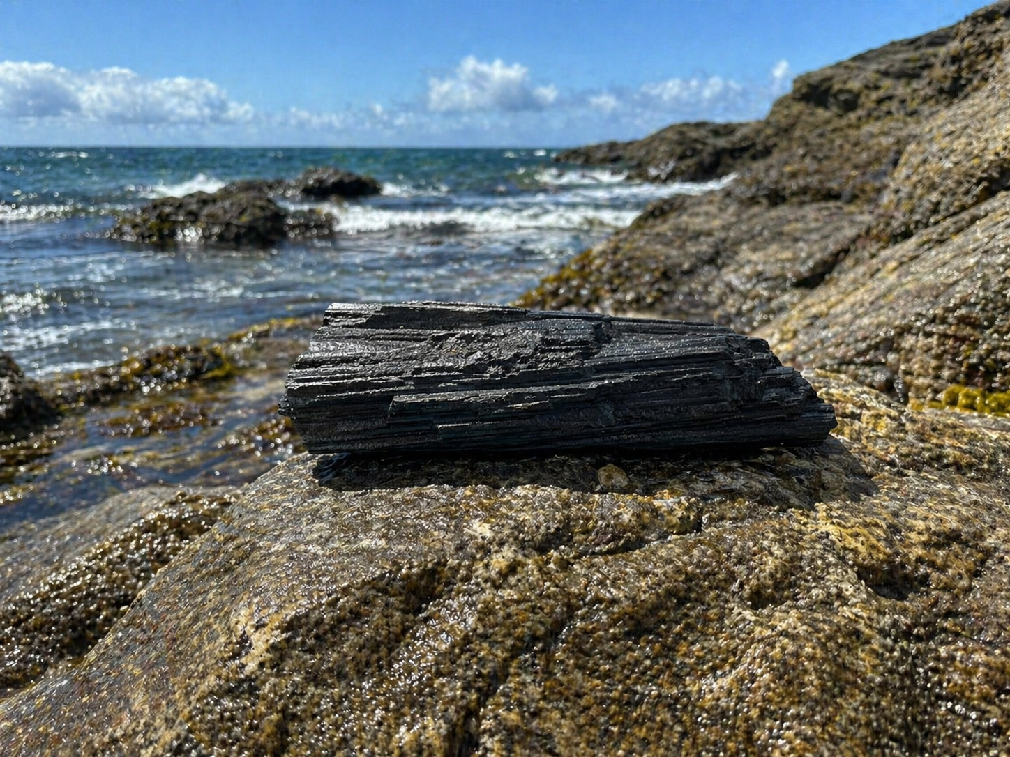 Raw black Tourmaline gemstone from 1 Practical Magic Store, showing its natural rough black crystal with textured surface.