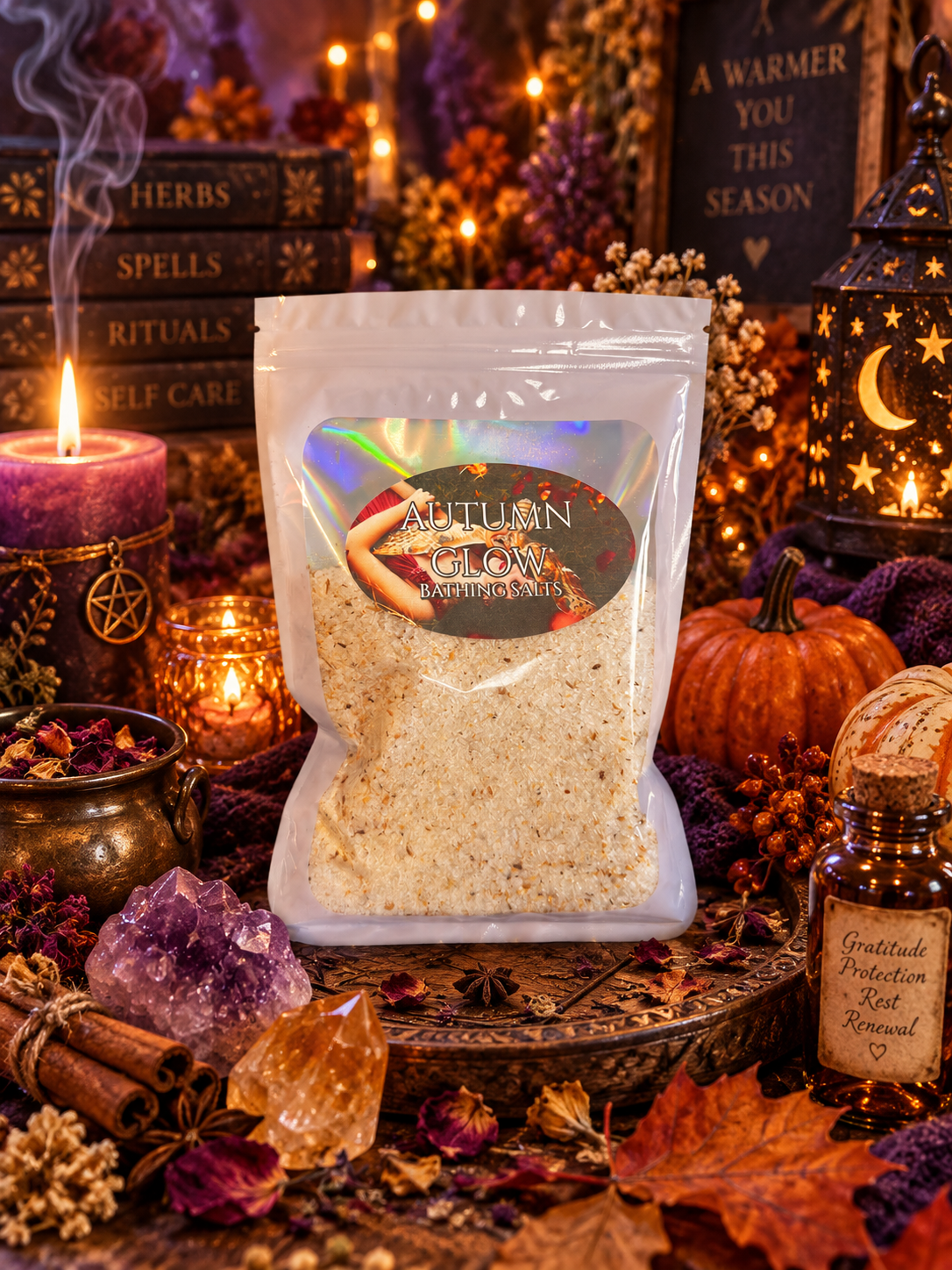 Autumn Glow limited edition bathing salt blend by Practical Magic Store, natural bath and body product with seasonal ingredients.