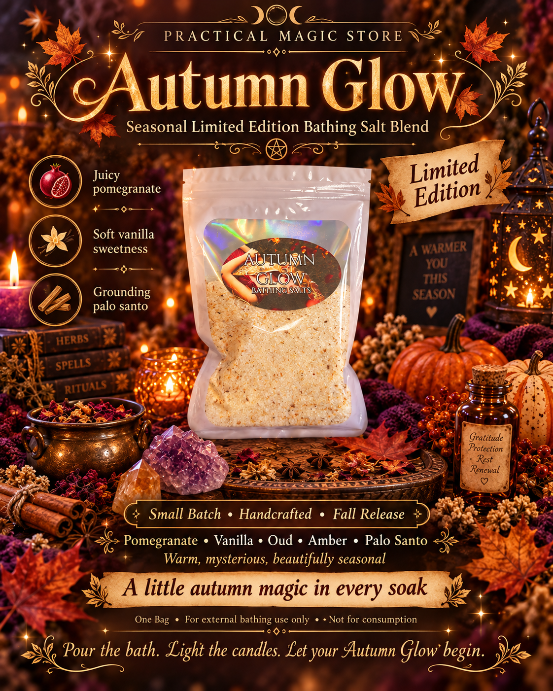 Autumn Glow limited edition seasonal bathing salt blend by Practical Magic Store, featuring warm, cozy bath salts with autumnal scents.