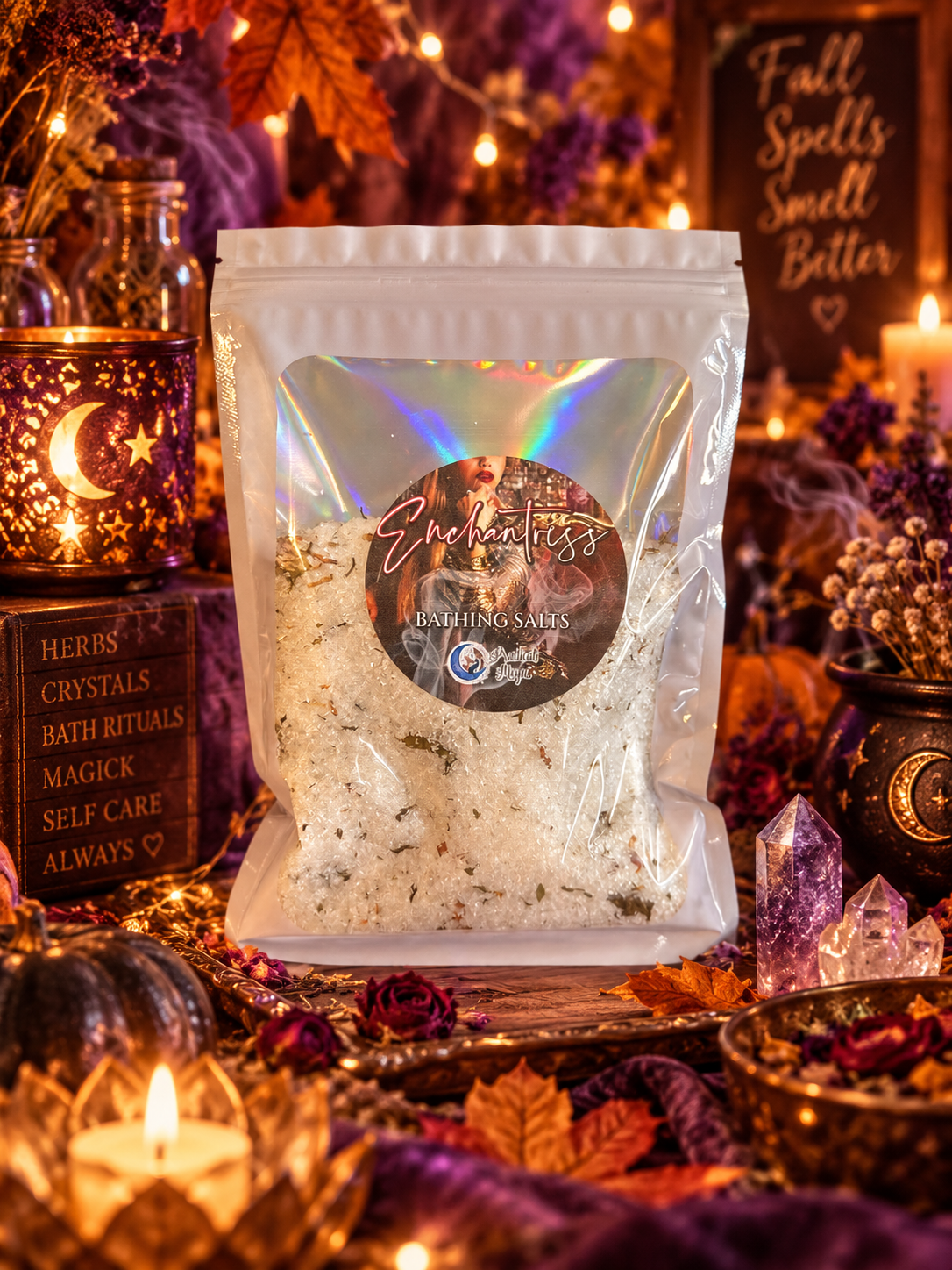 Enchantress Limited Edition seasonal bathing salt blend in a jar, designed for relaxing bath and body wellness by Practical Magic Store.