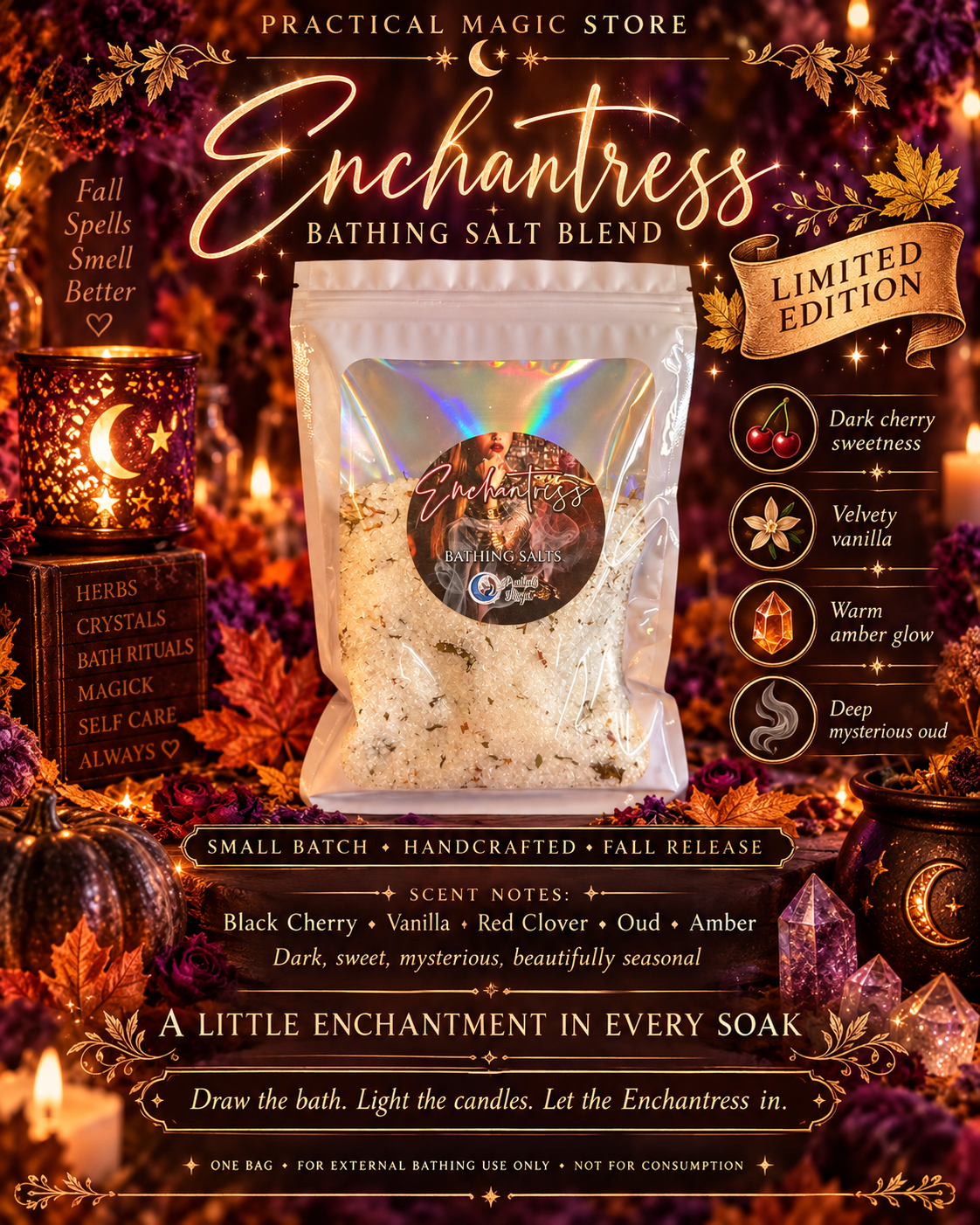 Enchantress Limited Edition seasonal bathing salt blend from 1 Practical Magic Store, with a jar of aromatic bath salts and natural herbs.