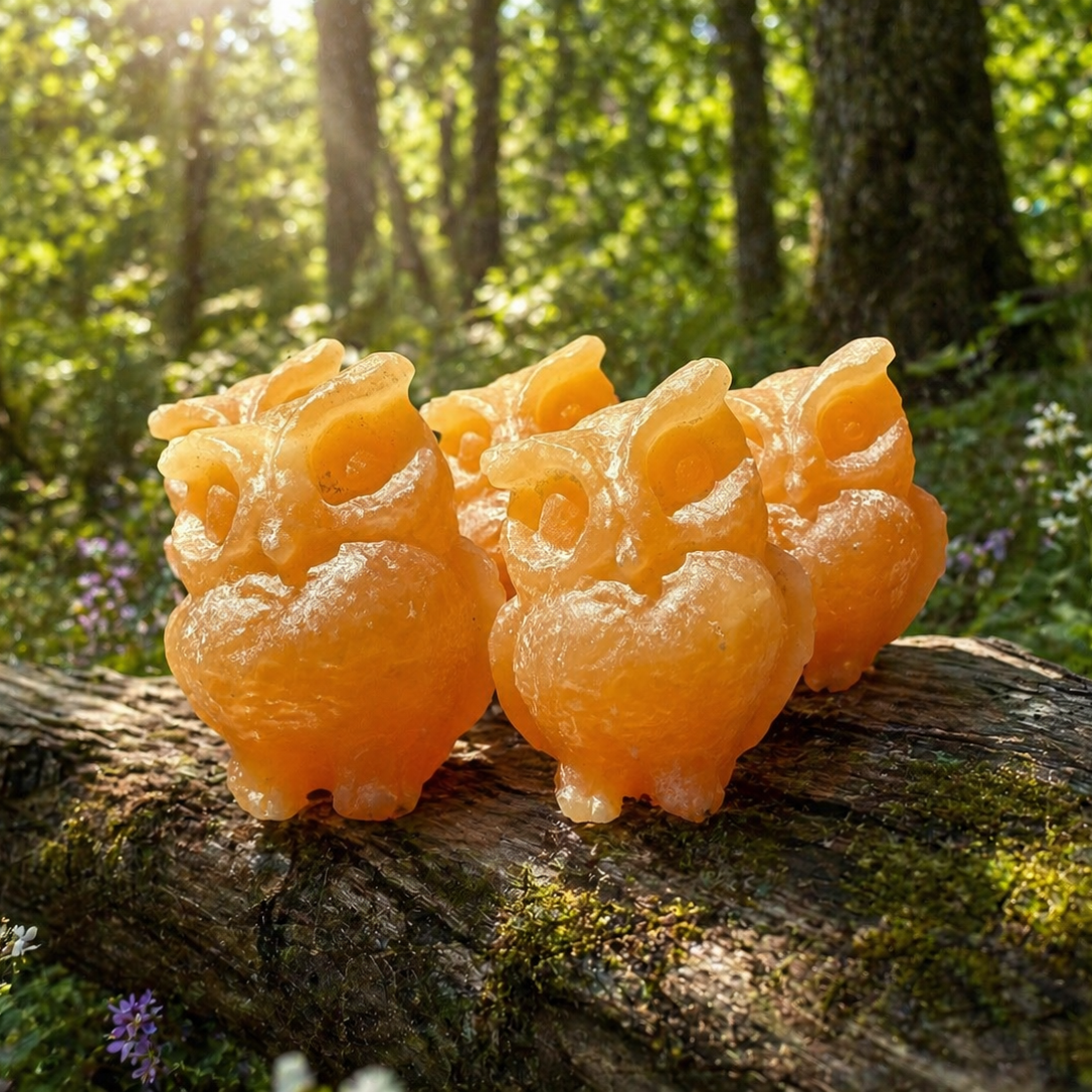 Natural orange calcite owl carving, decorative hooty owl made from stone, showcasing detailed craftsmanship and warm orange hues.