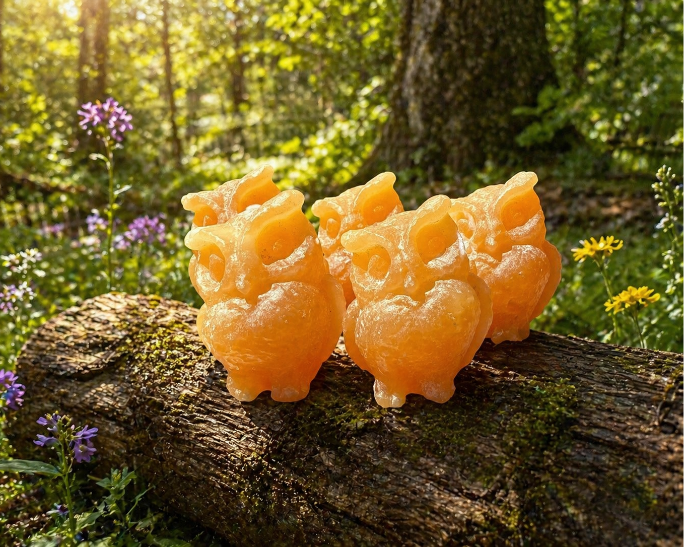 Hand-carved orange calcite owl figurine showcasing natural stone patterns and vibrant orange color, ideal for decorative carvings.