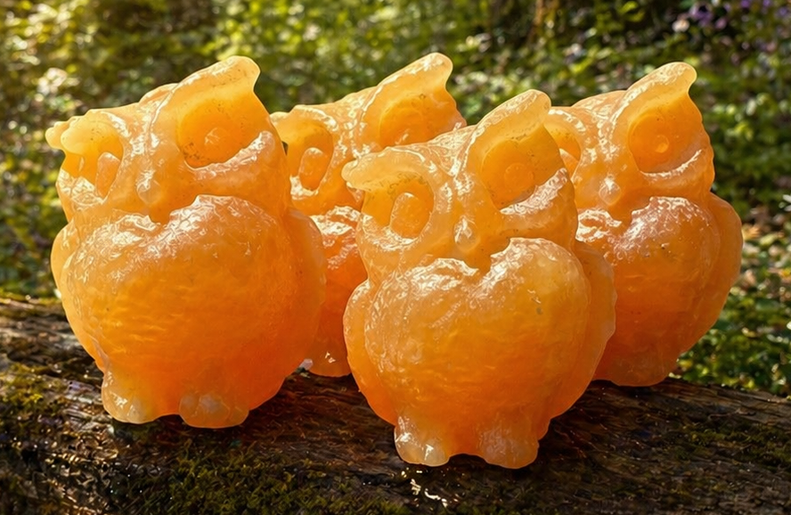 Hand-carved orange calcite owl figurine showcasing natural stone patterns, perfect as a decorative natural stone carving.