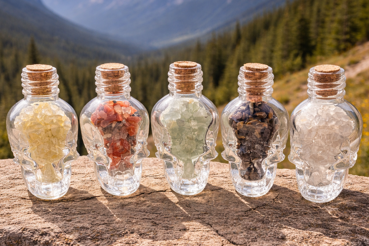 Glass skull jar filled with colorful chip stones, showcasing a decorative crystal skull design for spiritual or collection use.