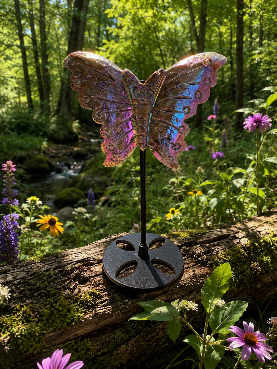 Angel Aura Sphalerite butterfly sculpture on stand, sparkling gemstone jewelry piece with iridescent rainbow colors.