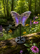 Angel Aura Sphalerite butterfly gemstone on stand, featuring iridescent rainbow hues and intricate wing details.