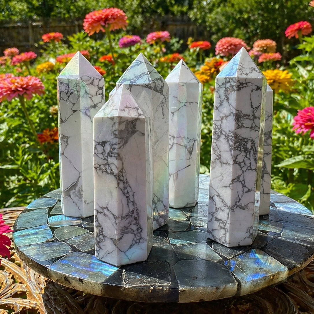 Aura Howlite towers from 1 Practical Magic Store featuring smooth white stone with an iridescent aura finish.