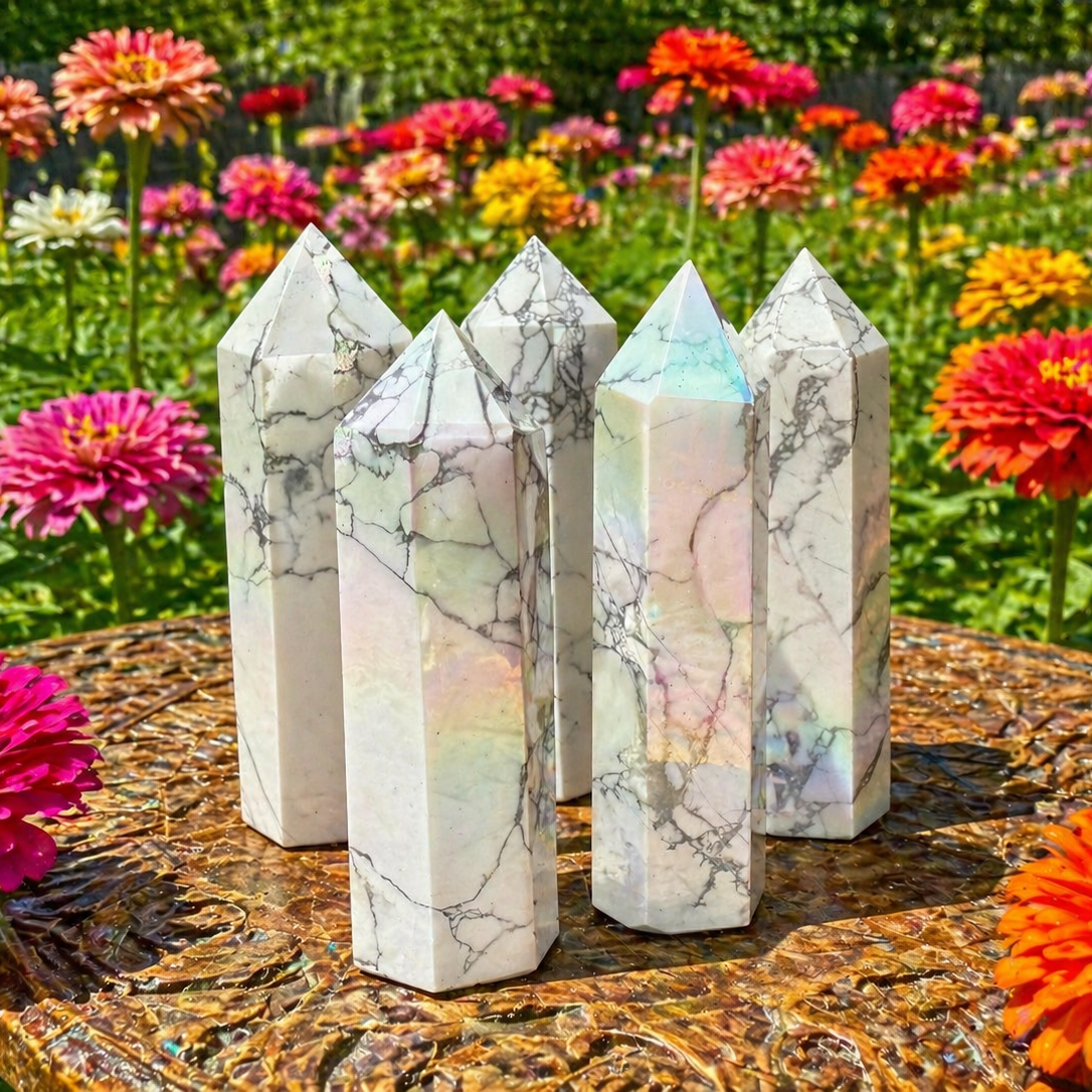 Aura Howlite Towers from 1 Practical Magic Store, featuring polished white howlite gemstones with shimmering aura coating.