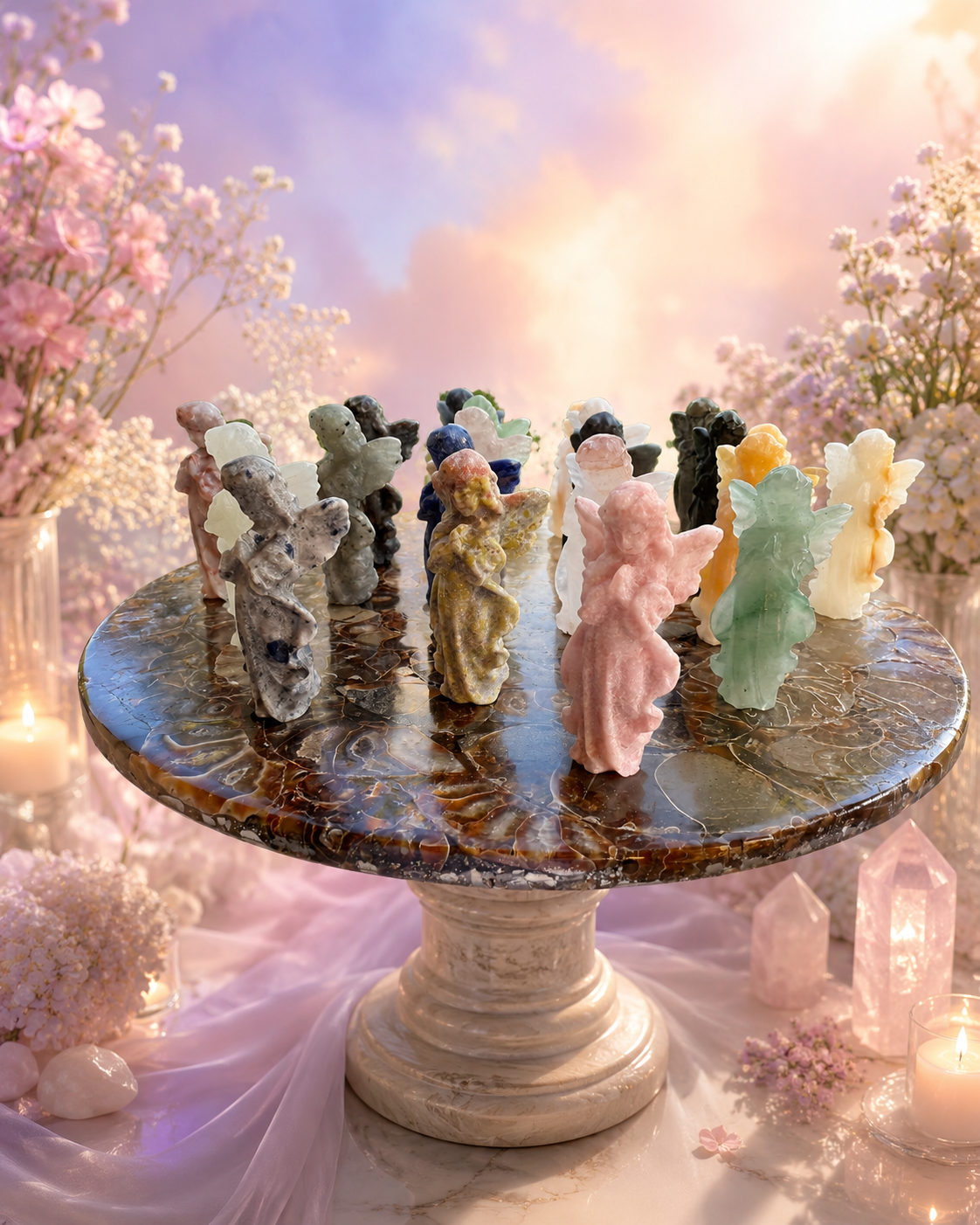 Colorful carved gemstone angel figurine with detailed wings and serene expression, handcrafted decorative gemstone angel sculpture.