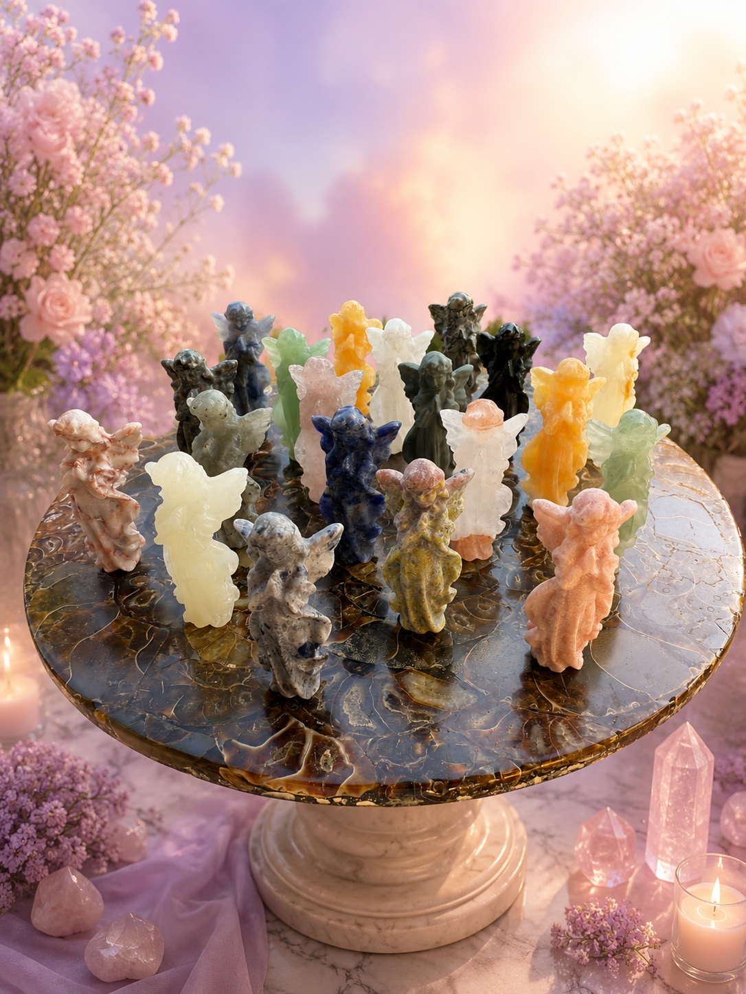 Colorful carved gemstone angel figurine with detailed wings and serene expression, showcasing craftsmanship and vibrant stone hues.