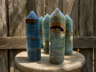 Blue Lemurian Aquatine Onyx tower crystal with deep blue and aquamarine hues, polished and faceted, from Practical Magic Store.