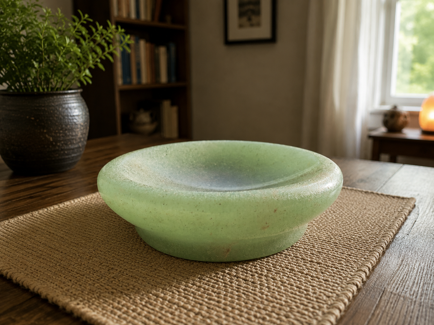 Green Aventurine bowl with smooth, polished surface and rounded shape, ideal for meditation or decorative use.
