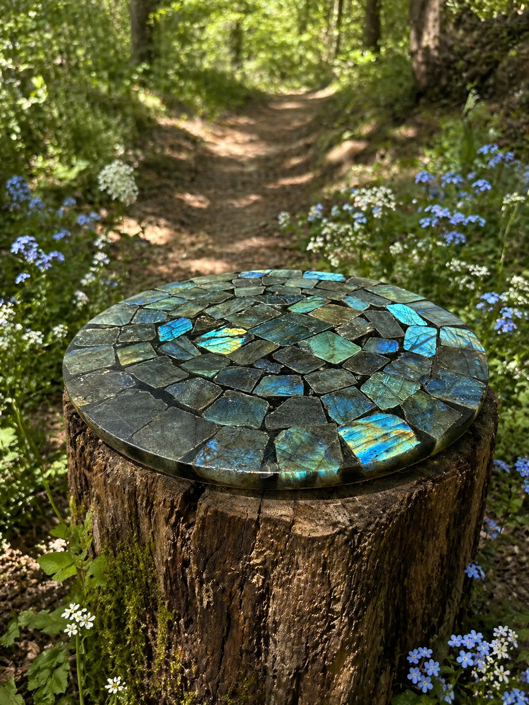 Labradorite gemstone plate with iridescent blue and green flashes, showcasing polished, natural stone with unique patterning.