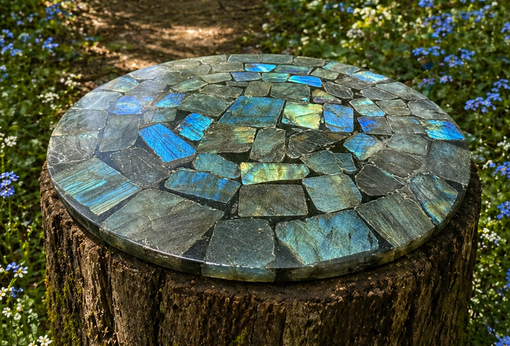 Labradorite gemstone slab displaying iridescent blue and green hues with natural stone patterns and polished edges.