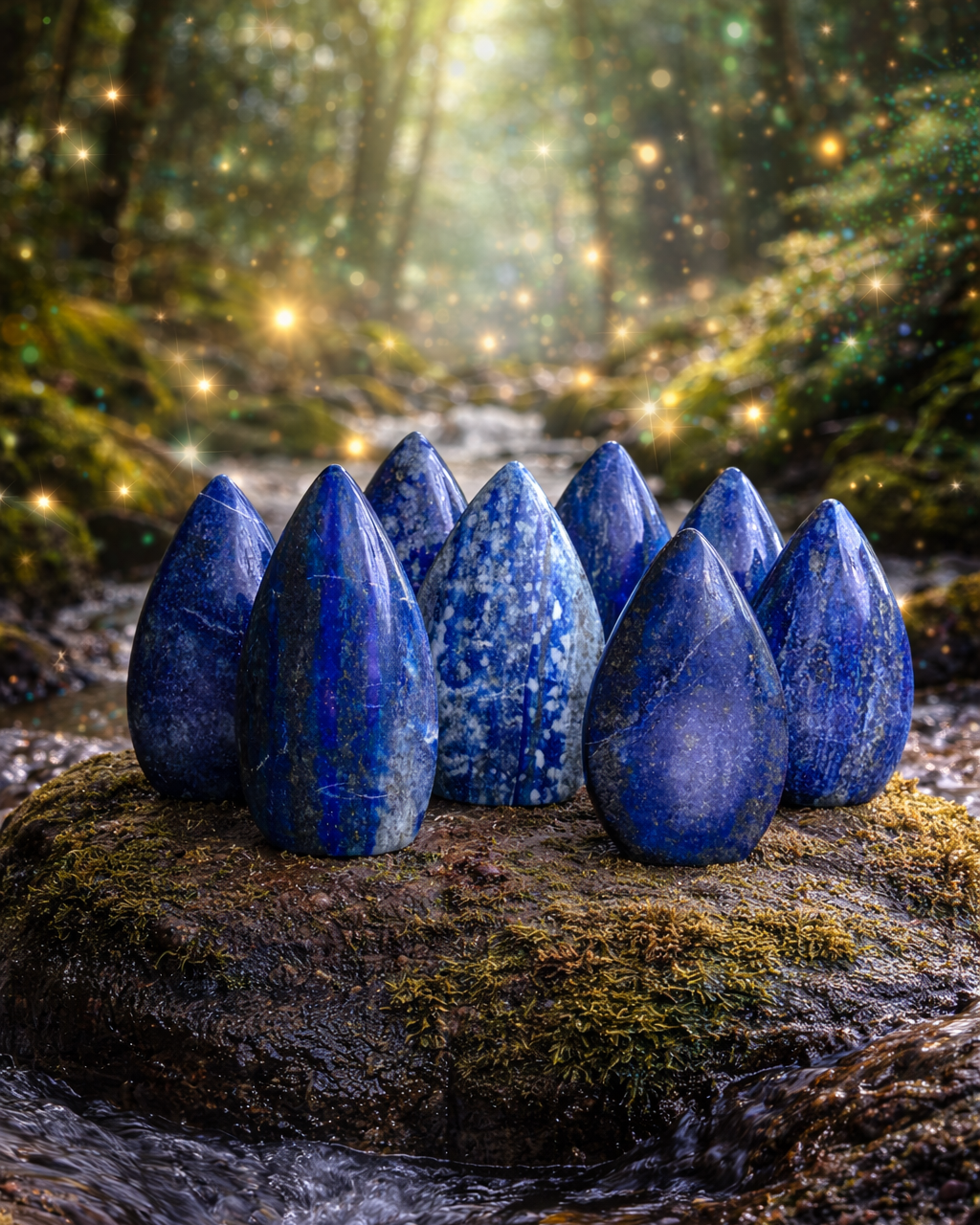 Lapis Lazuli Flame gemstone from Practical Magic Store, showcasing deep blue stone with golden pyrite inclusions and flame-like shape.