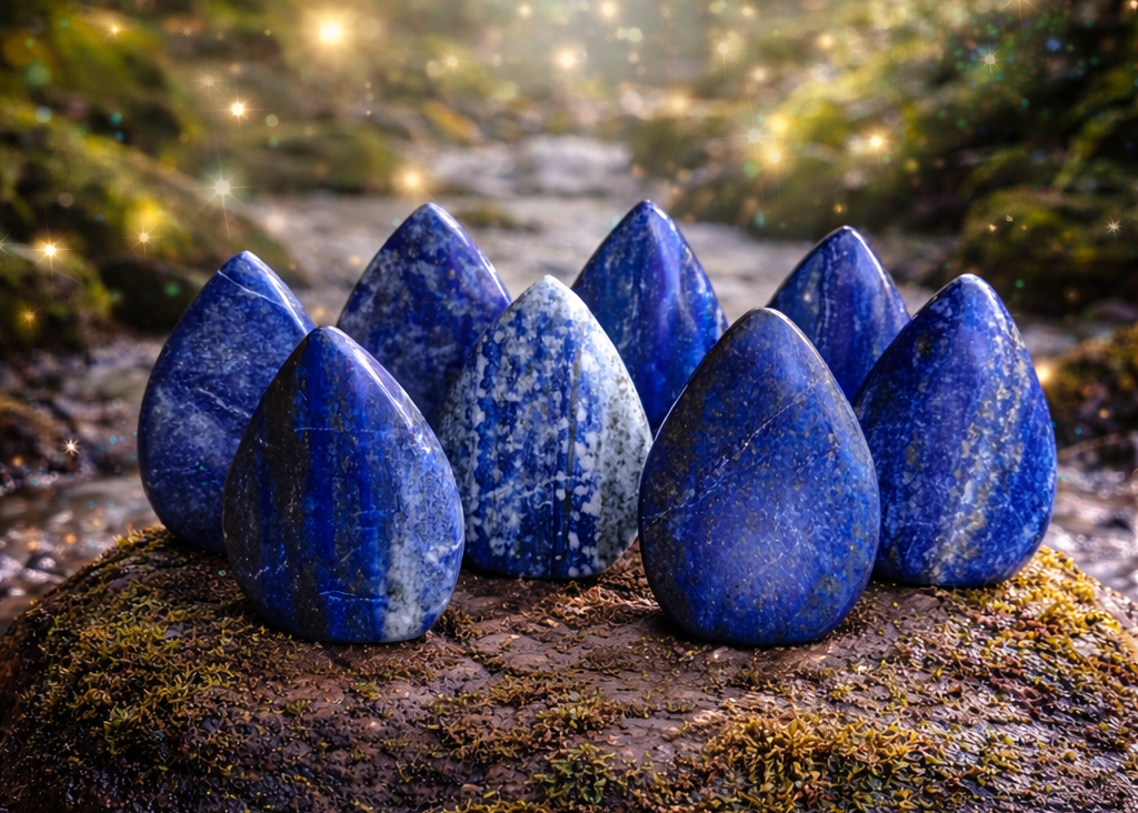 Lapis Lazuli Flame gemstone with deep blue color and gold specks, crafted by 1 Practical Magic Store for spiritual and decorative use.