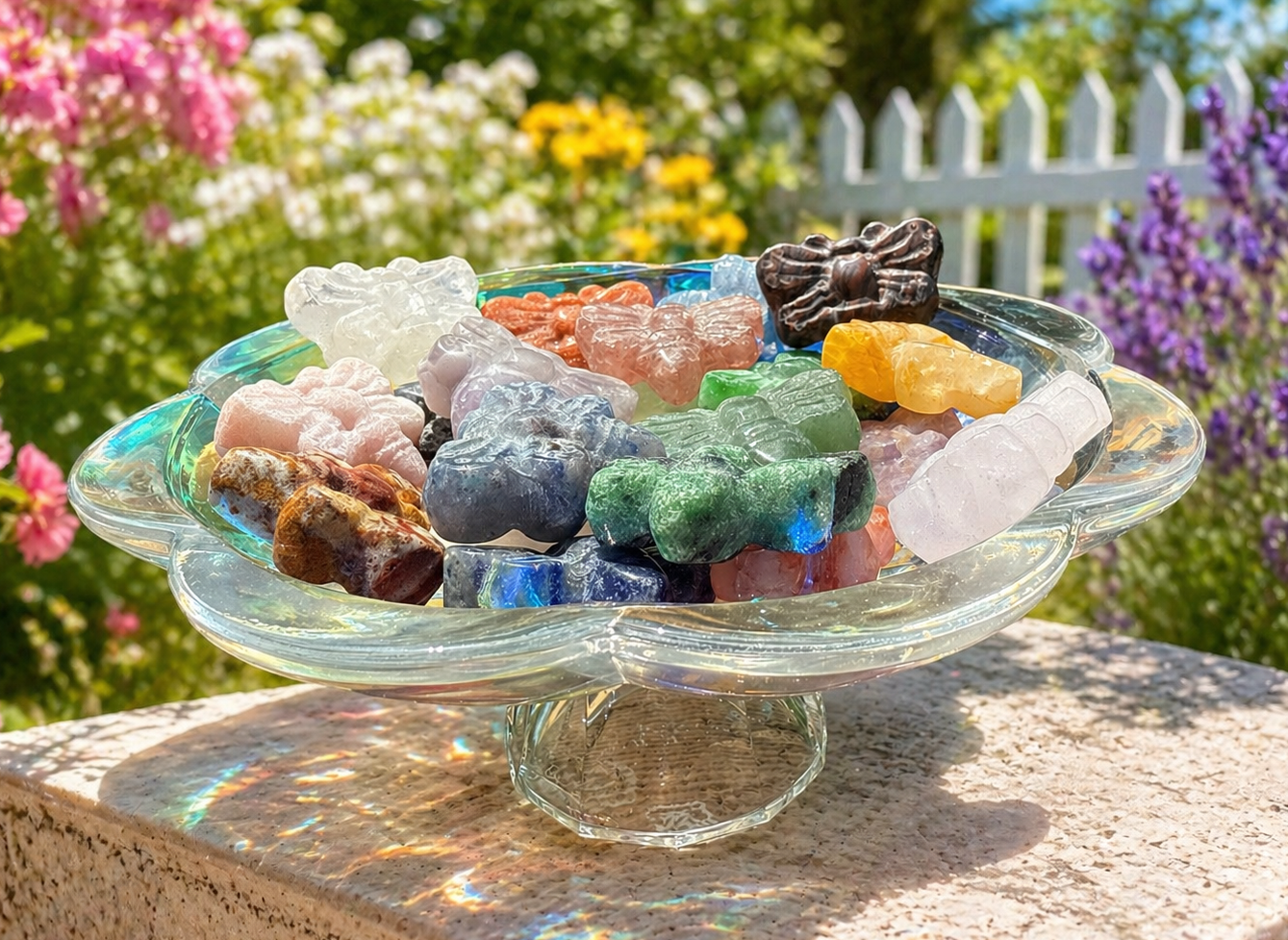 Colorful natural crystal butterfly stone carving with intricate details, featuring multiple butterfly shapes on a polished surface.