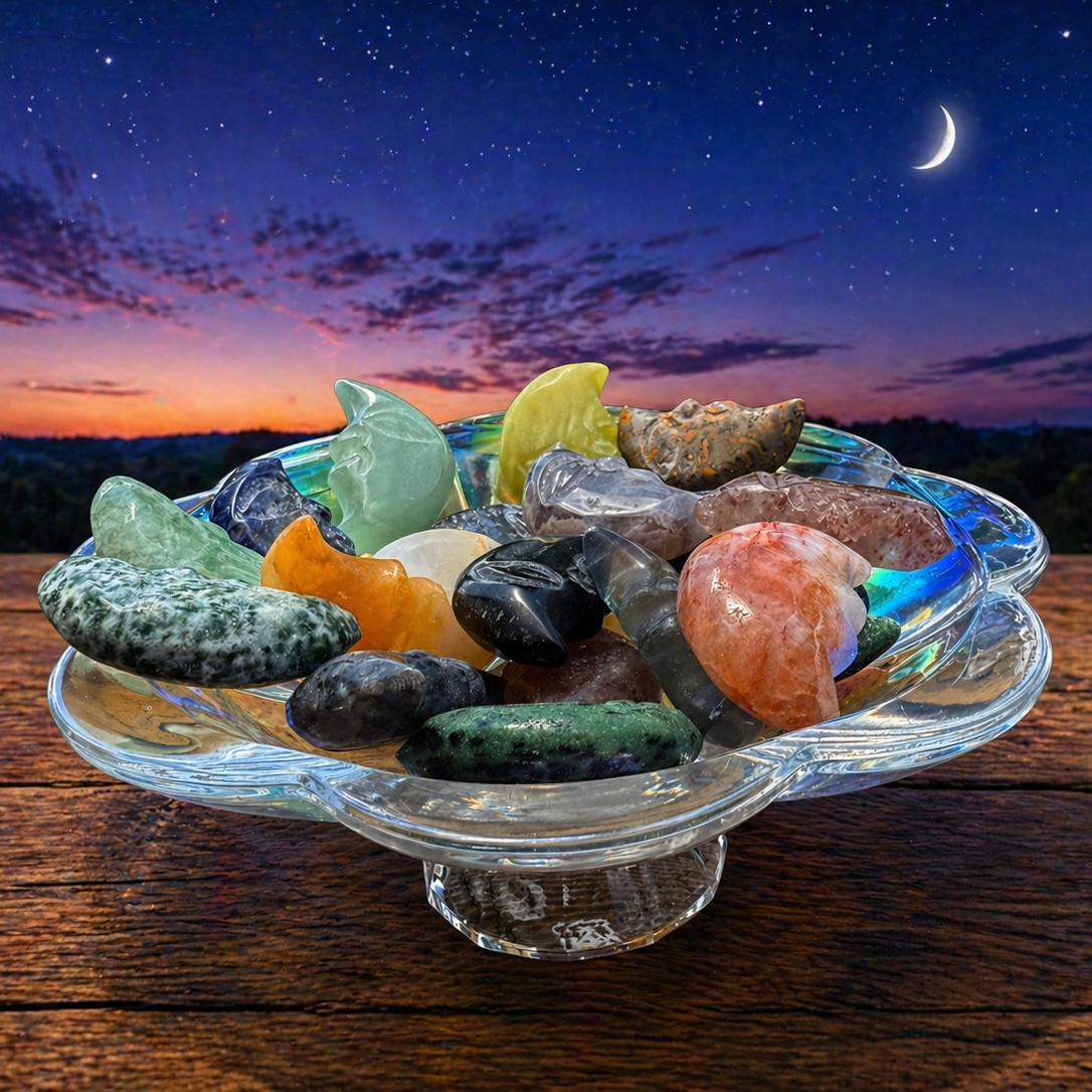 Natural crystal crescent moon stone carving with a polished finish, showcasing intricate details and a mystical appearance.