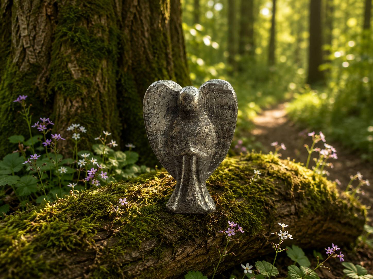 Shimmering pyrite angel sculpture with detailed wings and facial features, showcasing a metallic gold and silver finish.