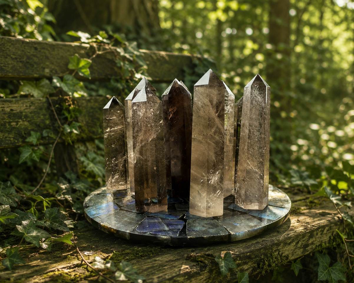Natural smoky quartz tower gemstone sculpture from Practical Magic Store, showcasing a polished, dark gray crystal with unique natural patterns.