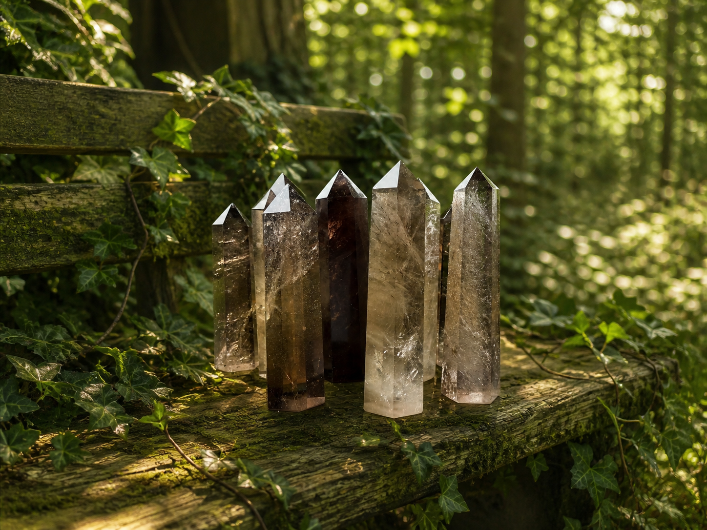 Smoky quartz tower crystal with natural smoky brown and gray hues, polished to a pointed shape for decorative or healing purposes.