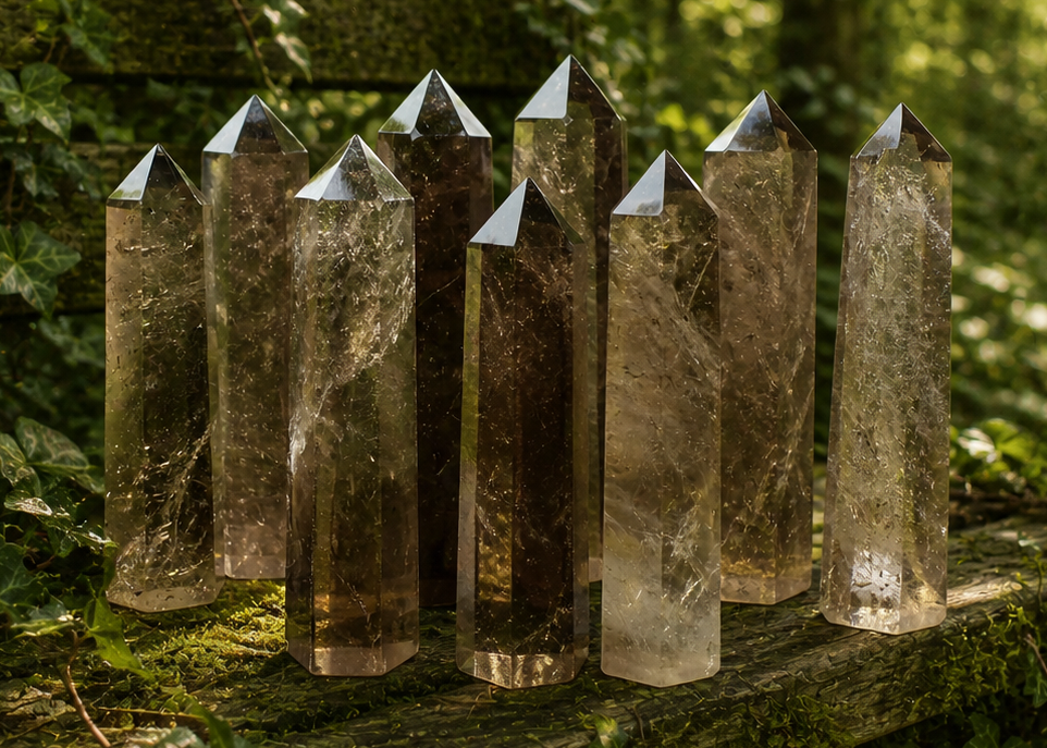 Smoky quartz tower gemstone with natural smoky brown color and polished facets, displayed on a neutral background.