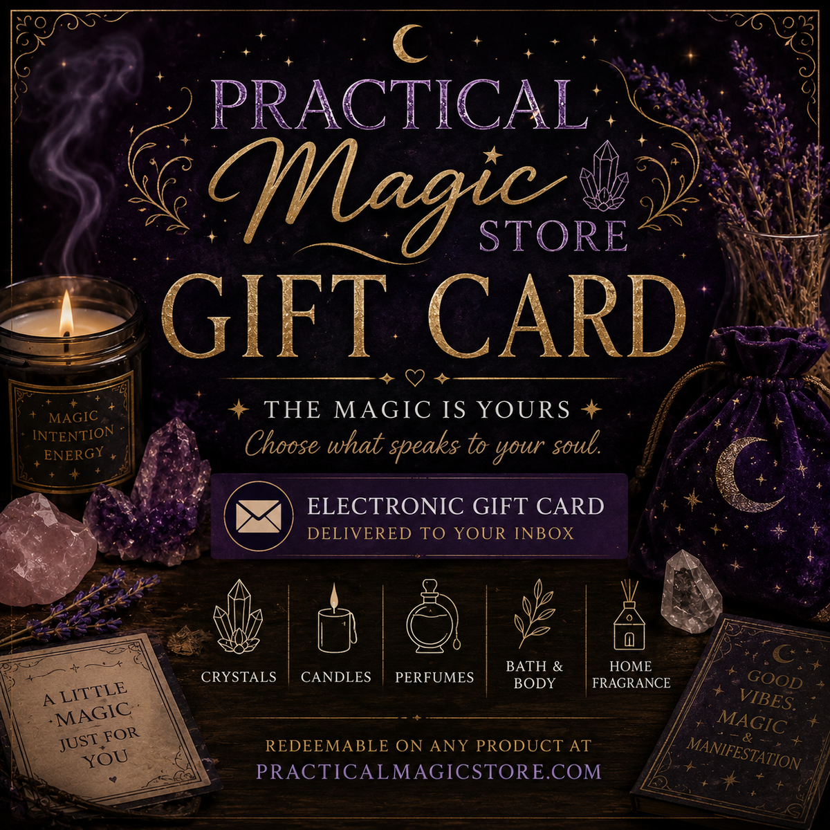 Practical Magic Store gift card, electronic delivery, featuring colorful branding and a value of $25, ideal for gifting.