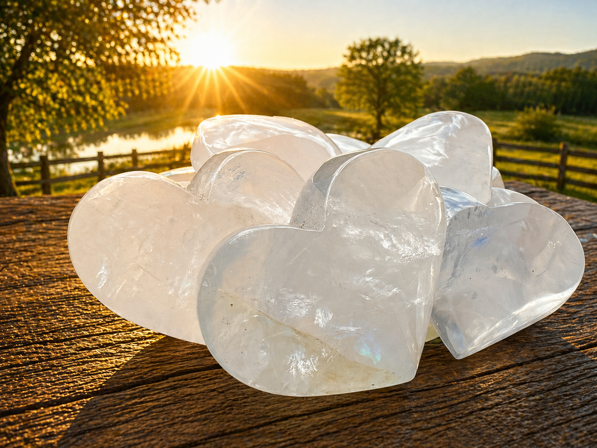 Clear quartz heart-shaped gemstone from 1 Practical Magic Store, smooth, transparent crystal with natural facets and polished finish.