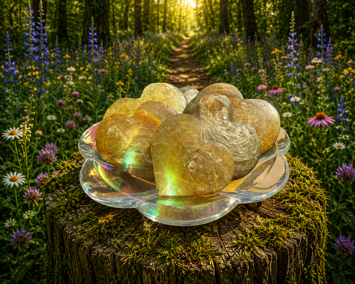 Golden mica heart from 1 Practical Magic Store, a shimmering gold-colored heart-shaped decorative item.