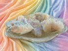 Angel Aura Quartz clusters featuring shimmering, iridescent crystal formations with vibrant rainbow hues, displayed on a neutral background.