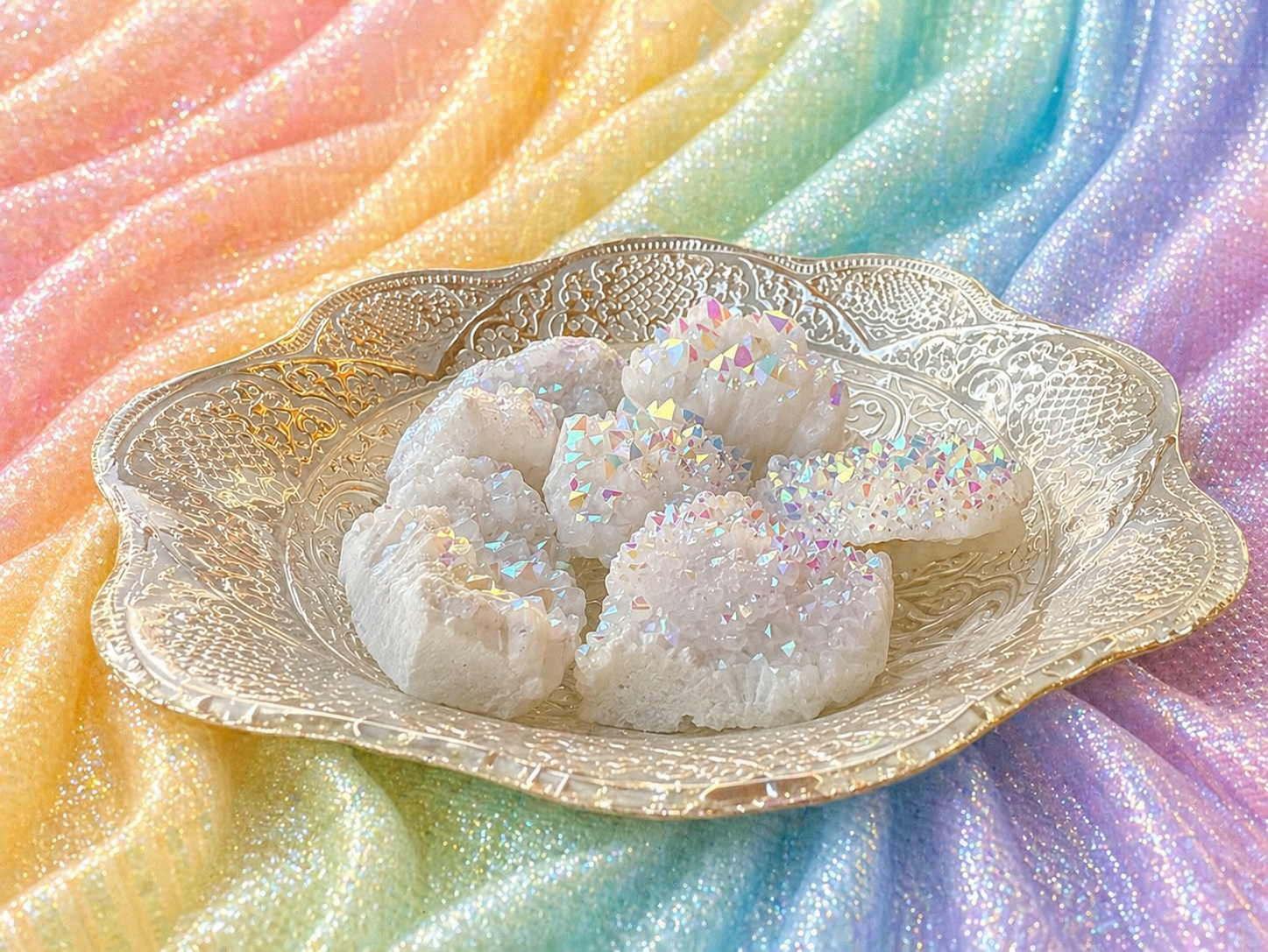 Angel Aura Quartz clusters with iridescent crystal formations, showcasing their vibrant, shimmering surfaces on a white background.