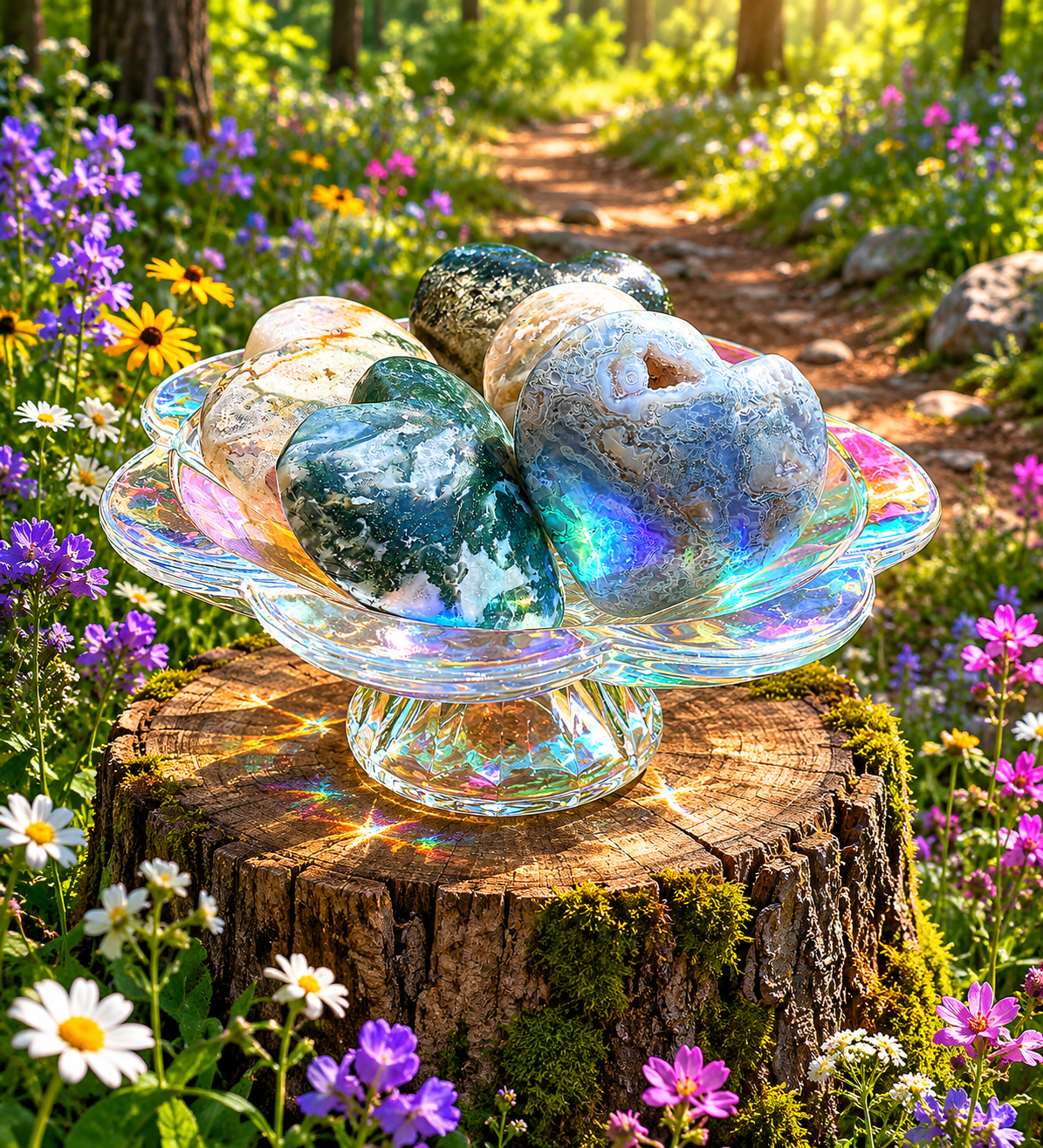 Polished moss agate heart gemstone with green and brown natural patterns, showcasing smooth, shiny surface and unique earthy appearance.