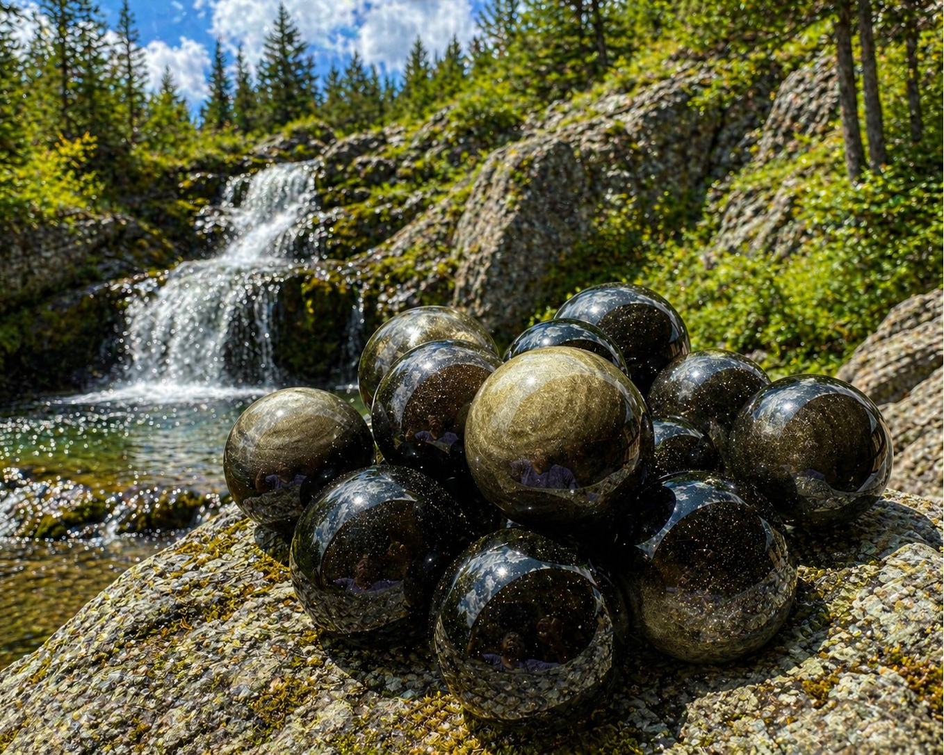 Natural gold and silver sheen obsidian sphere showcasing smooth, polished surface with reflective metallic luster.