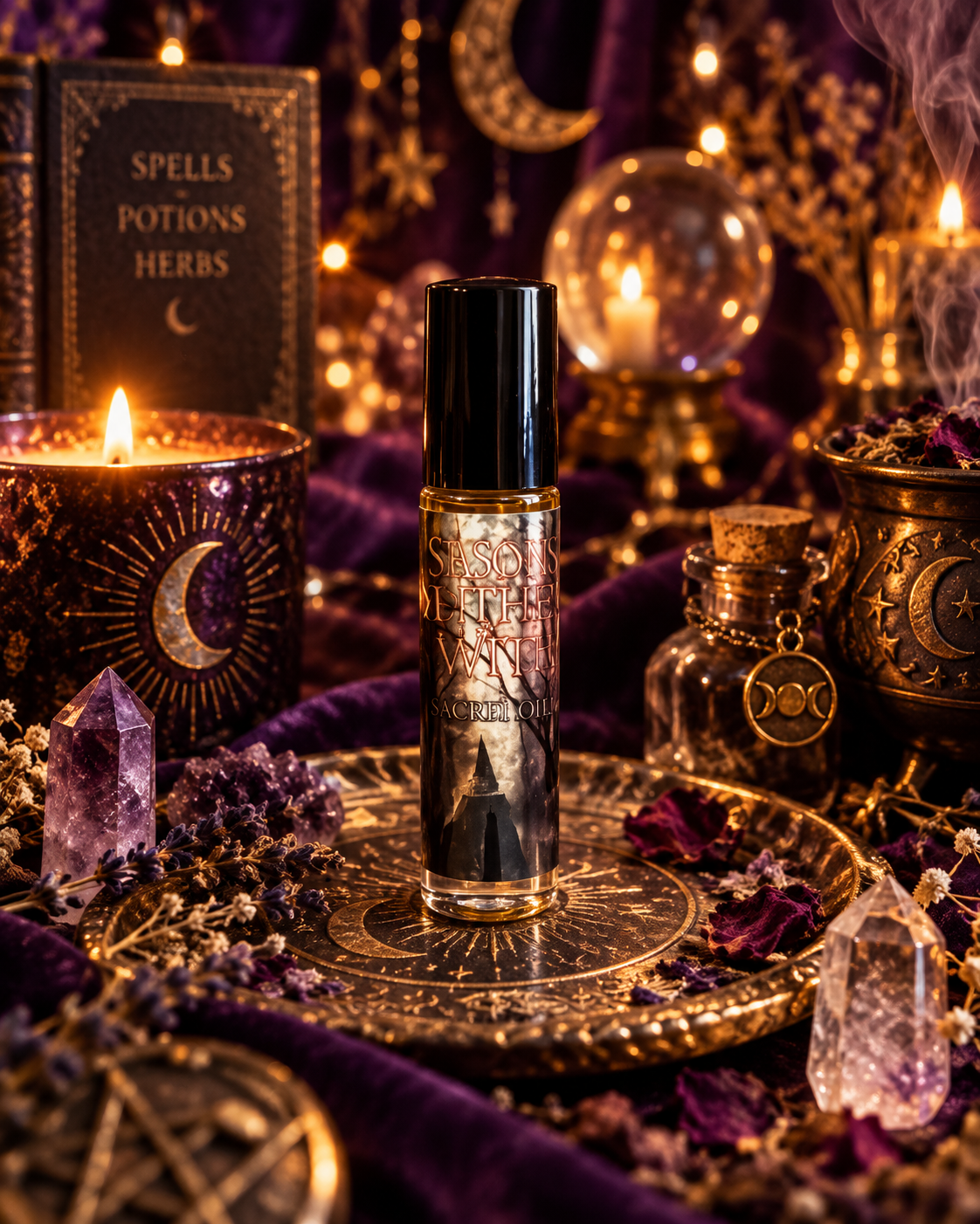 Season of the Witch roll-on perfume oil from Practical Magic Store featuring a sleek glass bottle with a metal rollerball applicator.