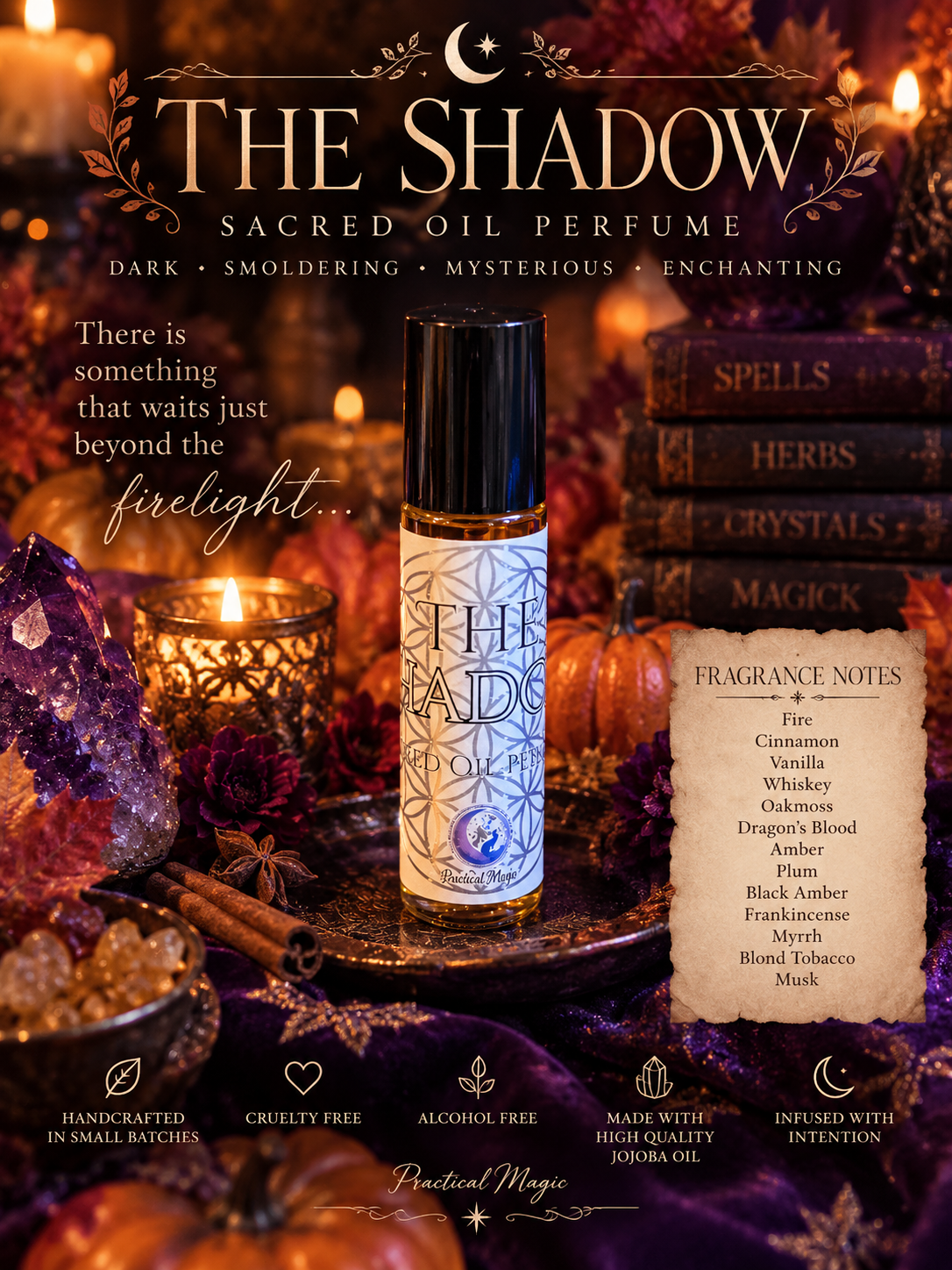 The Shadow perfume by Practical Magic Store, featuring a sleek glass bottle with dark, mysterious liquid and elegant packaging.
