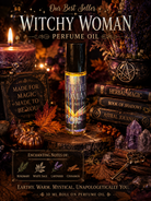 Witchy Woman roll-on perfume oil by Practical Magic Store, featuring a dark glass bottle with a metal rollerball cap.