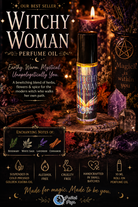 Witchy Woman roll-on perfume oil in a sleek glass bottle with a black cap, designed for easy application and mystical scent.