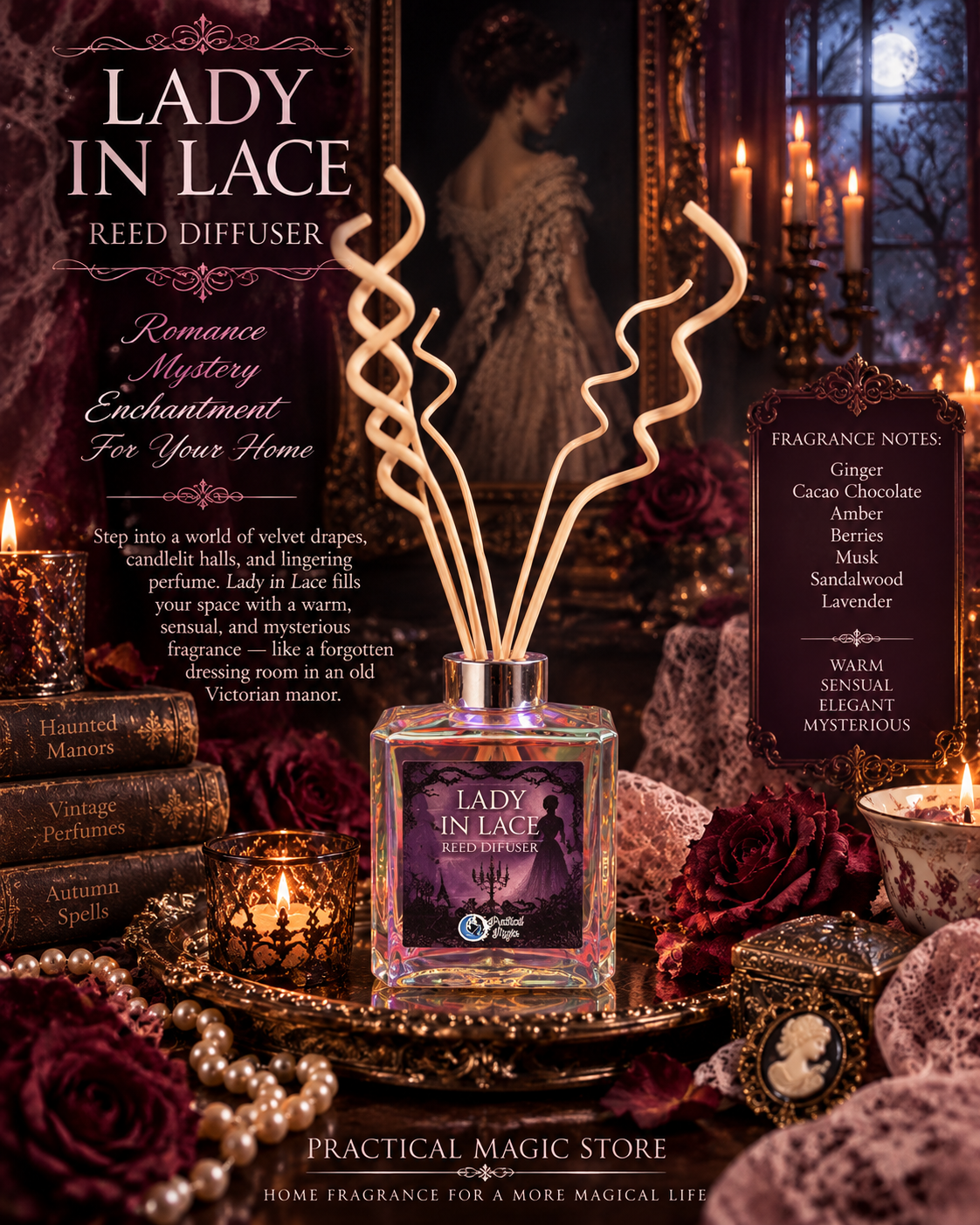 Lady in lace reed diffuser by 1 Practical Magic Store, featuring a decorative bottle and natural reed sticks for fragrance.