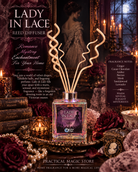 Lady in lace reed diffuser by 1 Practical Magic Store, featuring a decorative bottle and natural reed sticks for fragrance.