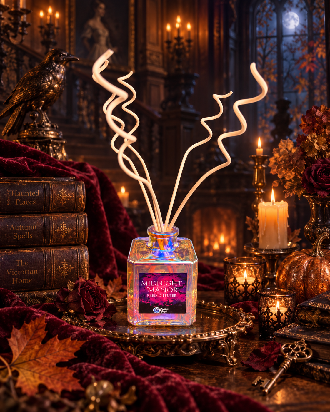 Elegant midnight blue reed diffuser from Practical Magic Store with decorative reeds and enchanted moonlit design.