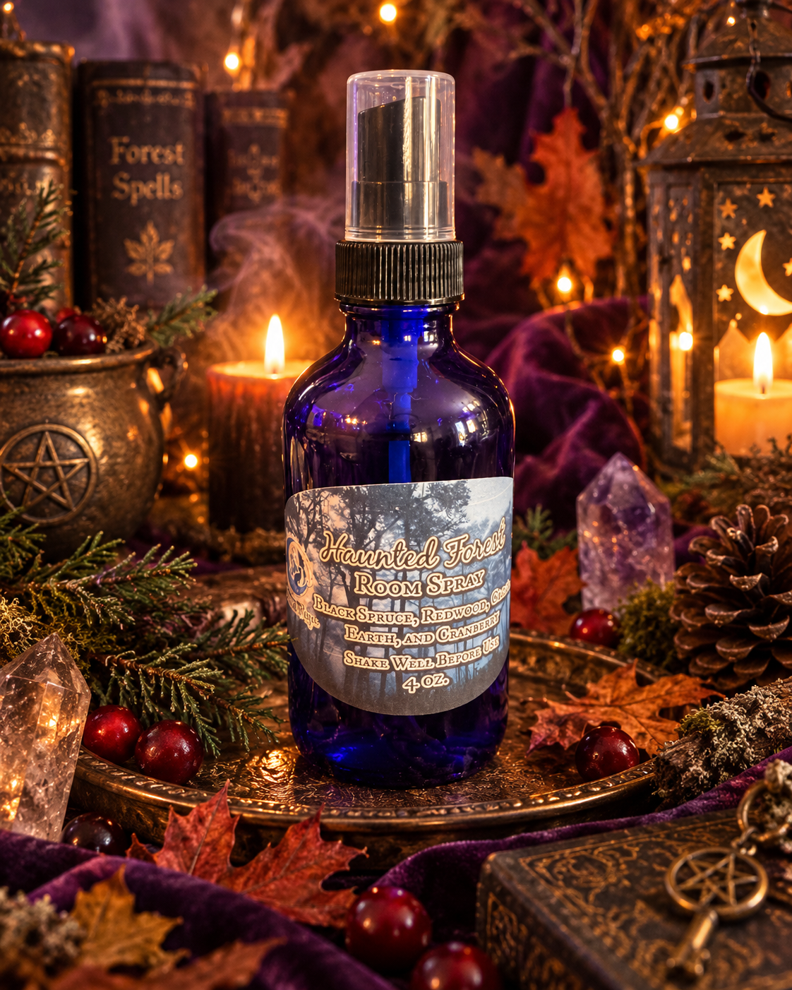 Limited edition Haunted Forest room spray by 1 Practical Magic Store, featuring a dark, mystical design with forest imagery.
