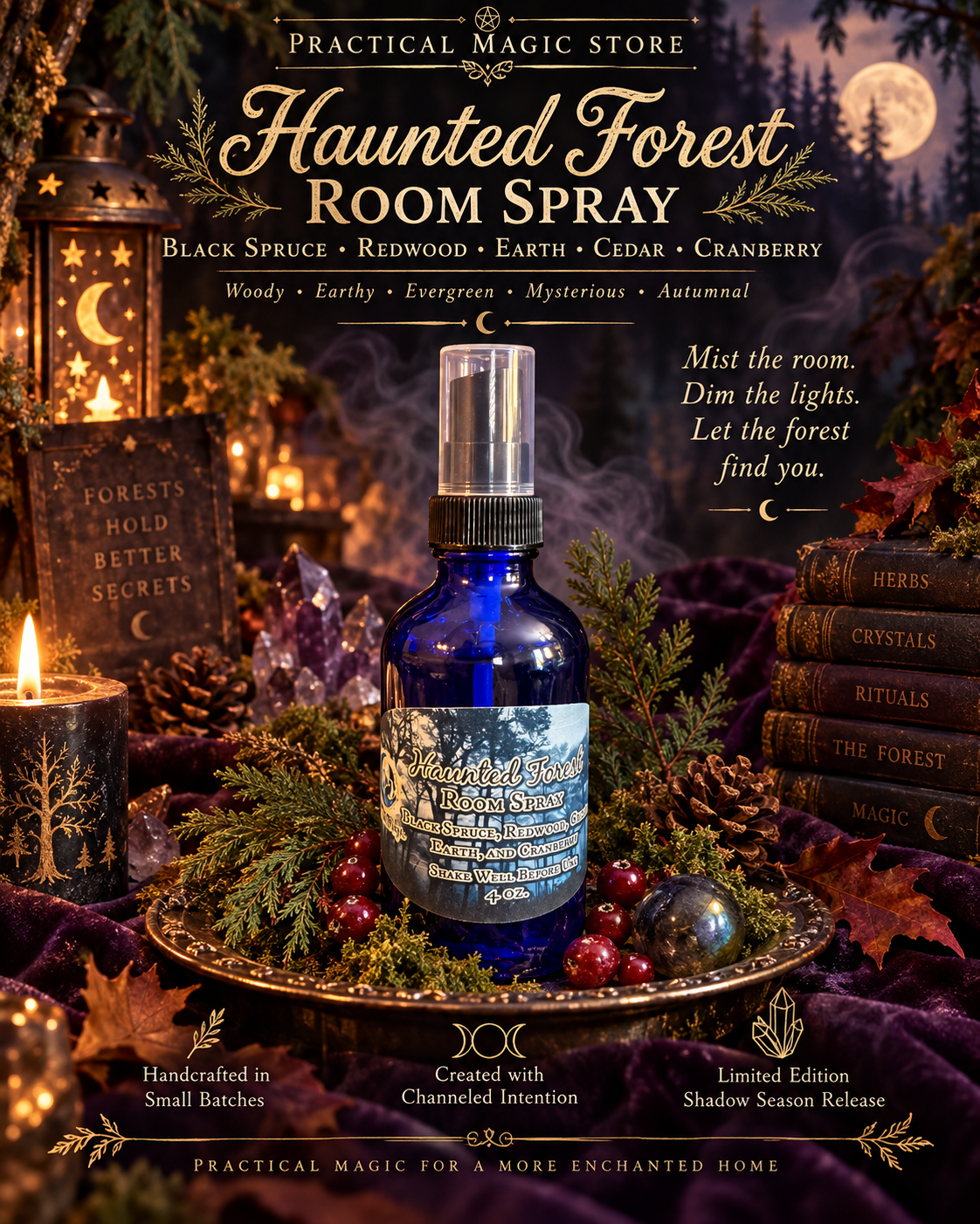 Limited edition Haunted Forest room spray by 1 Practical Magic Store, featuring dark, mysterious forest scent in a sleek spray bottle.